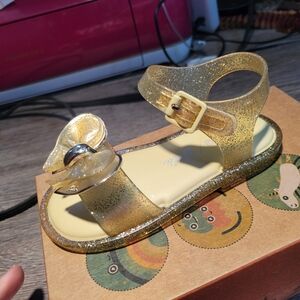 Mini Melissa X Barbie NIB Gold Glitter Bow‎ Sandal Size 9 Toddler